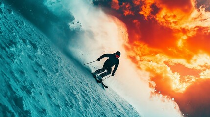 A vertical shot of a skier climbing a sharp incline with vibrant clouds above, glowing path graphics showing their trajectory and dynamic motion blur