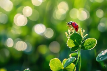 macro photograph of a vibrant red ladybug exploring a dewy four-leaf clover, with morning sunlight creating bokeh effects in the background