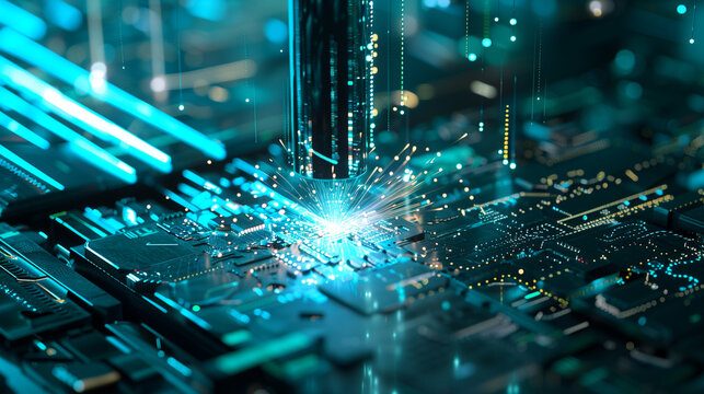 High-speed laser welding and cutting machine in operation with sparks flying, metal sheet on the table.