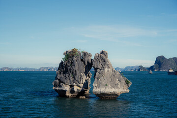 Fototapeta premium Amazing kissing chicken rock. One of the best iconic rock in Ha Long Bay, Vietnam. Perfect for background or travel wallpaper