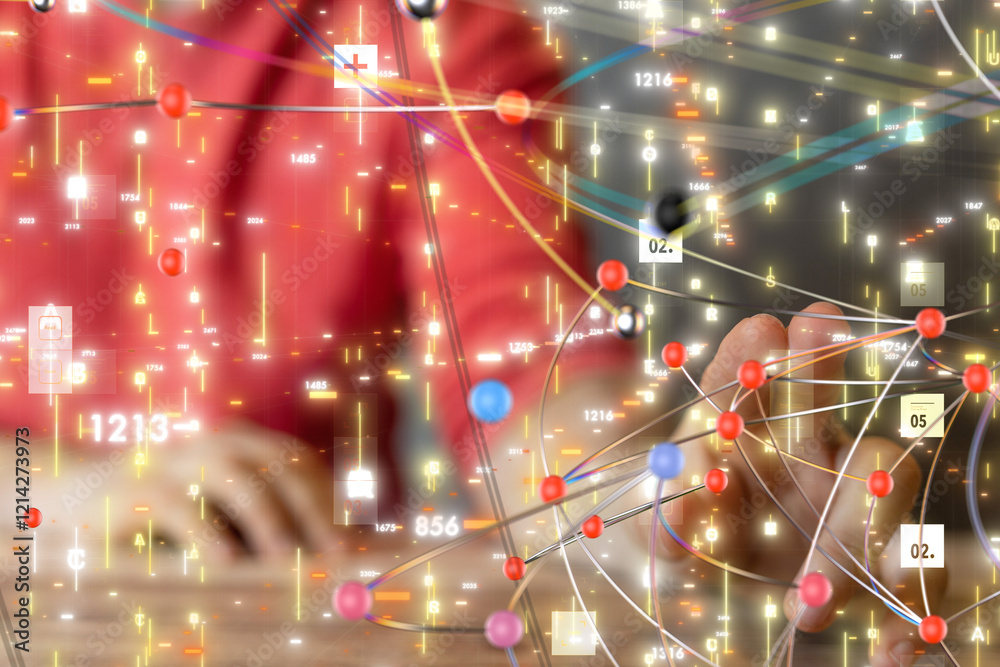 Poster Neural network 3D illustration. Big data and cybersecurity - 3d