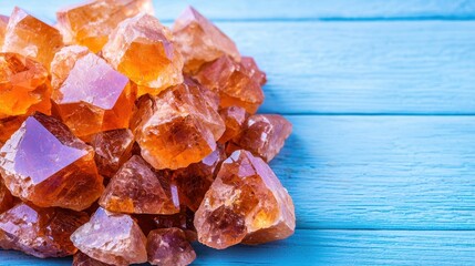 Sparkling Amber Crystals Pile on Blue Wooden Background Natural Gemstones Texture