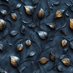 Obraz premium Seamless beautiful metallic and black leaves , embossed leather texture style pattern