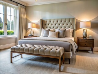 Fototapeta premium Elegant Upholstered Bench at Bed's Foot: Minimalist Luxury Bedroom Decor