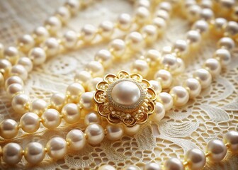 Elegant Vintage Pearl Necklace with Intricate Gold Pendant on Soft Lace - Fashion Jewelry Stock Photo