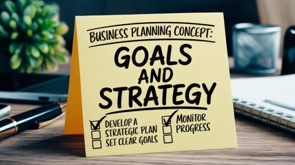 Business planning concept with goals and strategy on a yellow office note