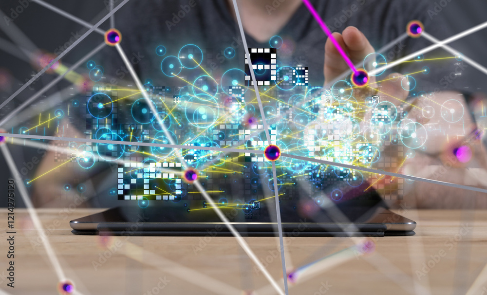 Aufkleber neural network 3d illustration. big data and cybersecurity - 3d