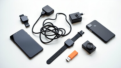 Mobile phones tablet charging with watch on the white background 
