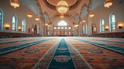 Obraz premium Grand mosque interior; ornate rugs, chandeliers, stained glass windows, arched ceiling.