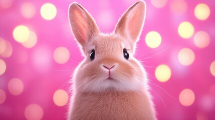 Obraz premium Adorable Fluffy Bunny Rabbit Close Up on Pink Bokeh Background