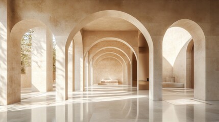 Fototapeta premium Sunlit Stone Archway Corridor in Minimalist Building