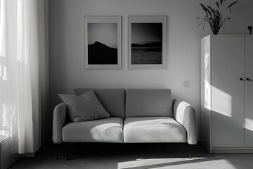 Grey settee near white cupboard in minimal living room interior with posters