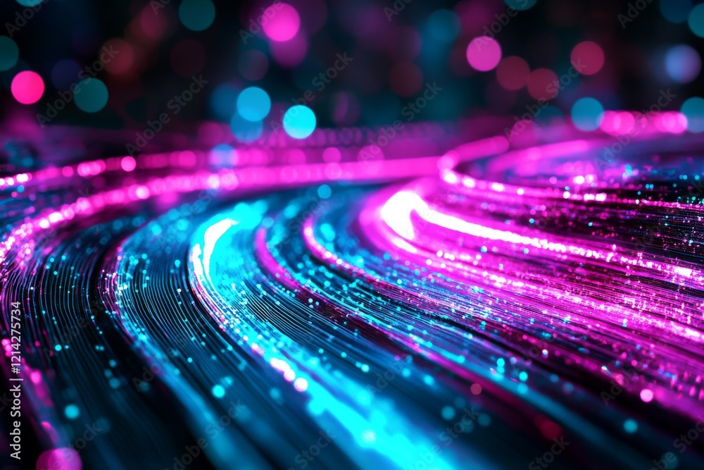 Poster Visualization of Big Data with dynamic glowing lines on an abstract technological background, illustrated using 3D rendering techniques