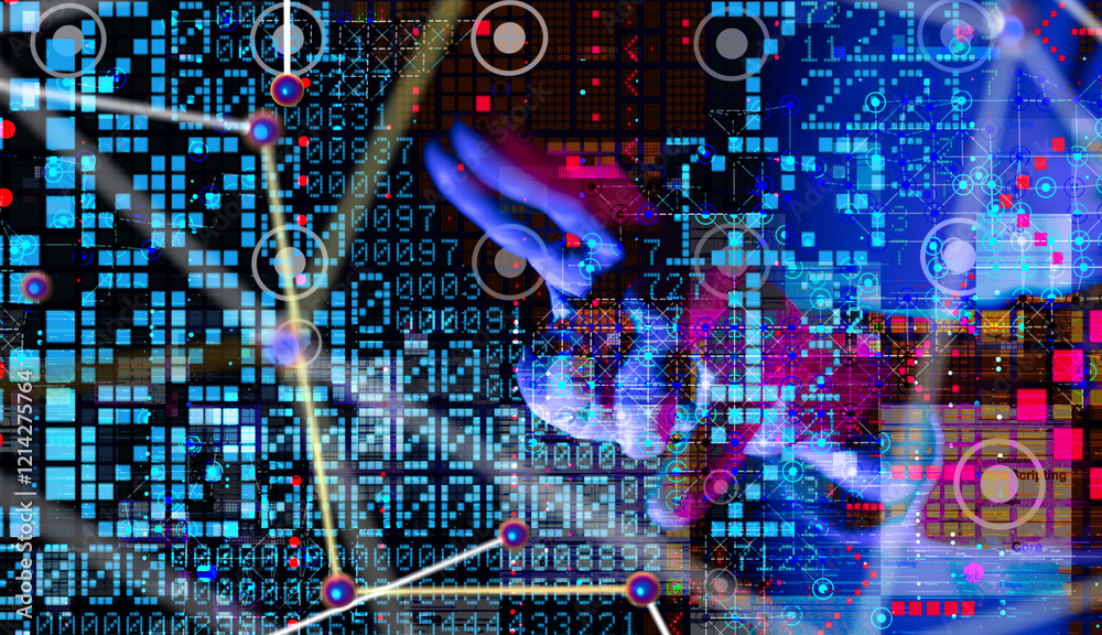 Poster Neural network 3D illustration. Big data and cybersecurity