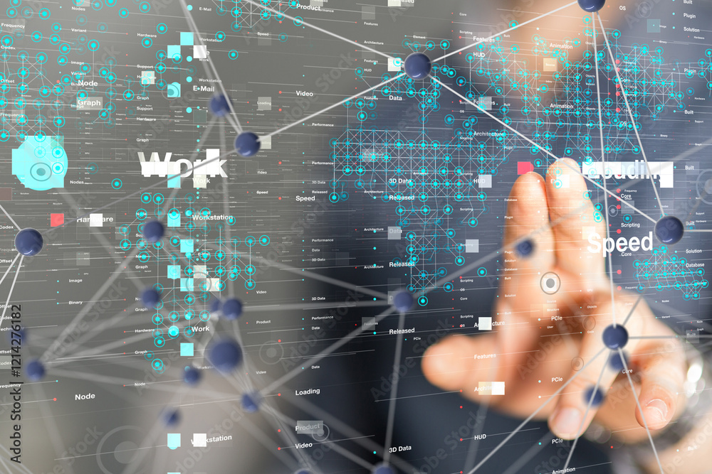 Poster Neural network 3D illustration. Big data and cybersecurity