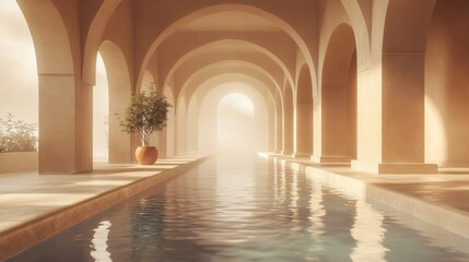 Serene Poolside Hallway with Warm Sunlight and Mist