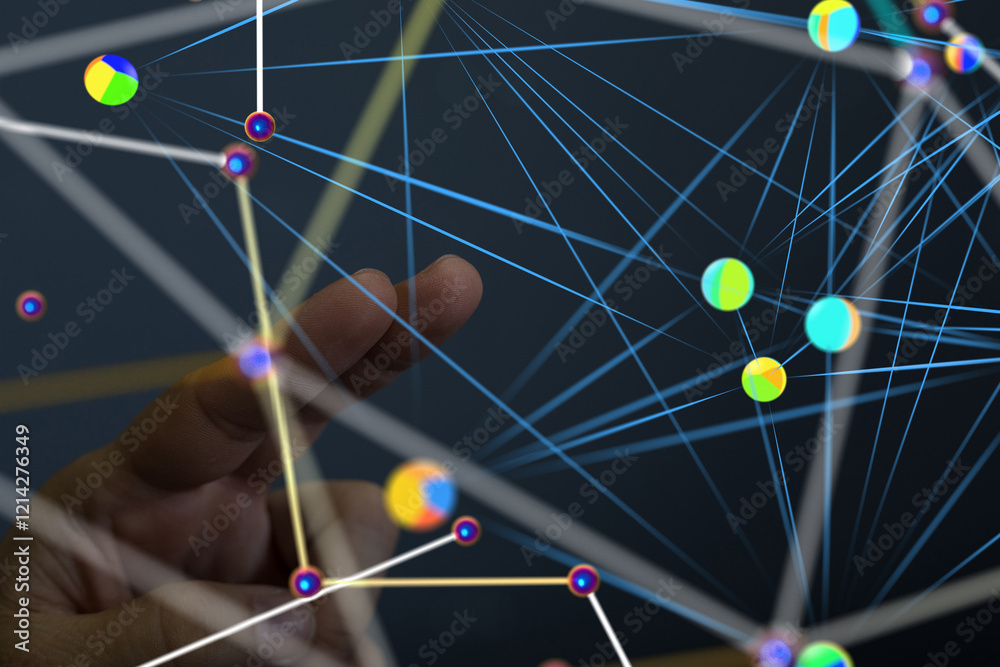 Poster Global network. Blockchain. 3D illustration. Neural networks and artificial intelligence. Abstract