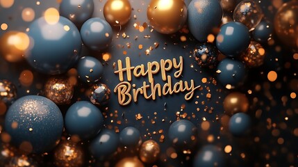Happy Birthday message surrounded by dark blue and gold balloons and confetti.