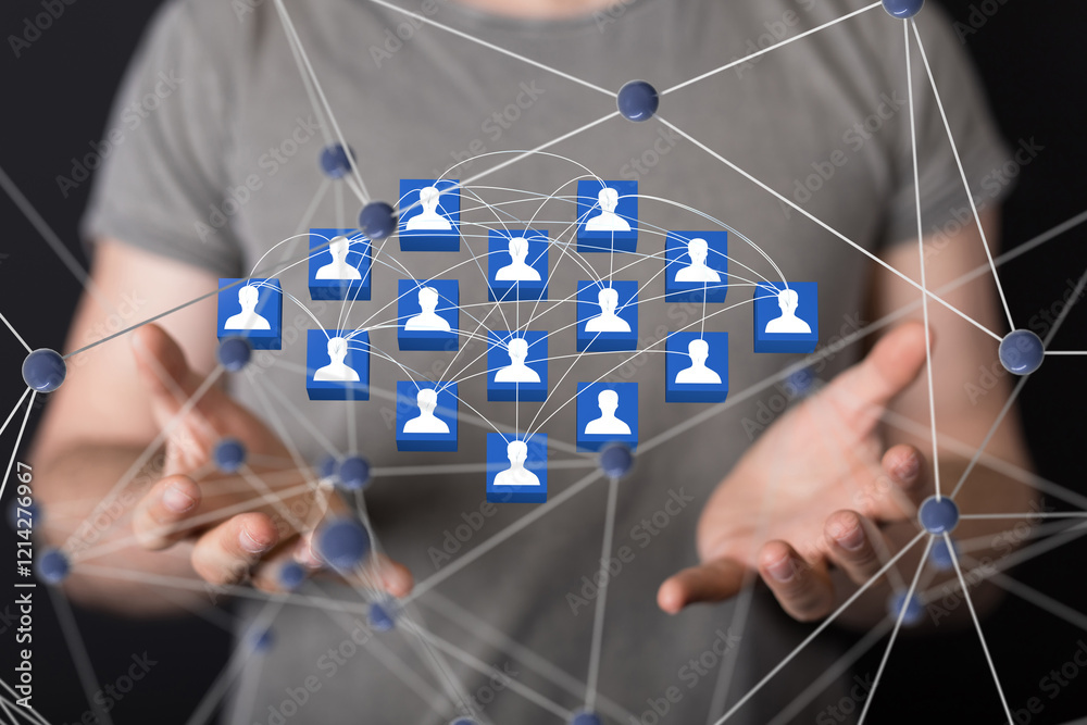 Poster Global network. Blockchain. 3D illustration. Neural networks and artificial intelligence. Abstract