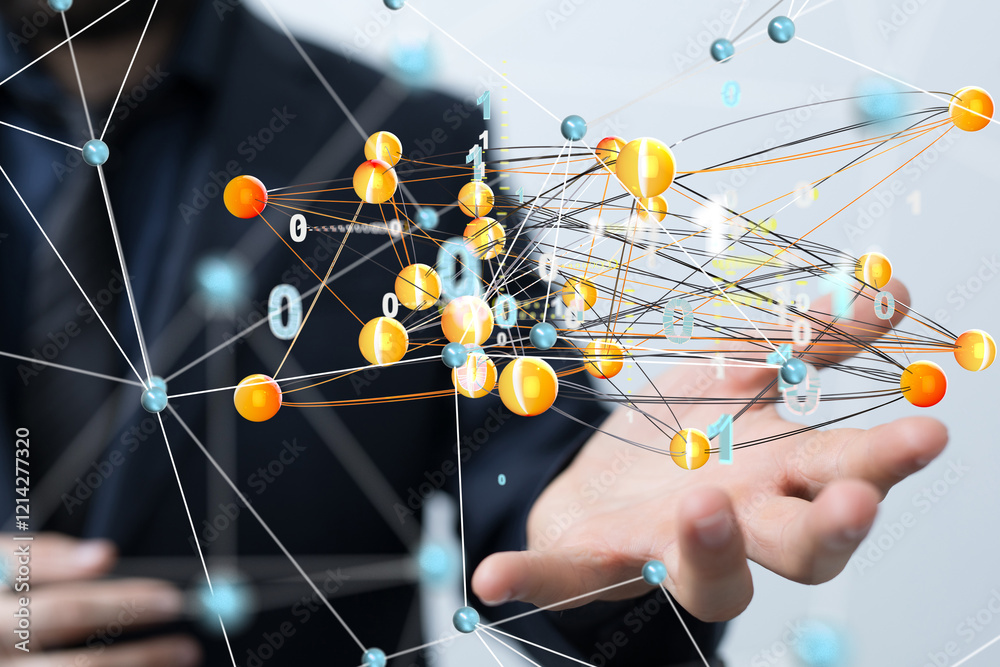 Aufkleber Global network. Blockchain. 3D illustration. Neural networks and artificial intelligence. Abstract  3d