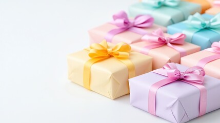 Obraz premium Pastel gifts, ribbon bows, white background, celebration