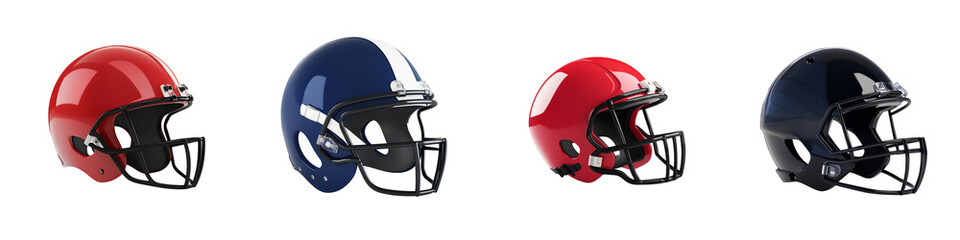 Fototapeta premium A collection of four football helmets in various colors, showcasing their design and protective features.