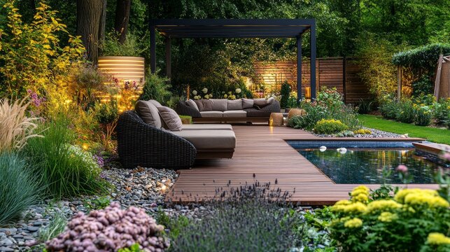 Soft twilight envelops a luxurious outdoor garden adorned with modern furniture, serene water features, and a variety of blooming plants, creating a tranquil escape from urban life