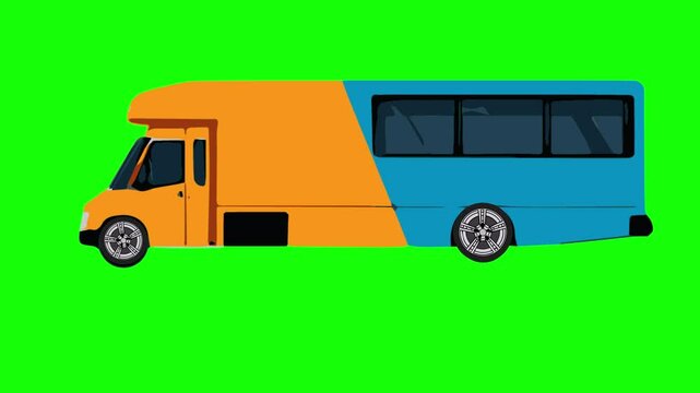 Colorful city bus with motion imitation, animation, green screen,cartoon, footage, mockup, loop, chromakey