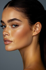 Fototapeta premium A woman with long dark hair and a ponytail in her hair