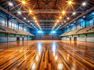 Obraz premium Empty Indoor Sports Arena, Wide Shot, Wooden Floor, Copy Space Left