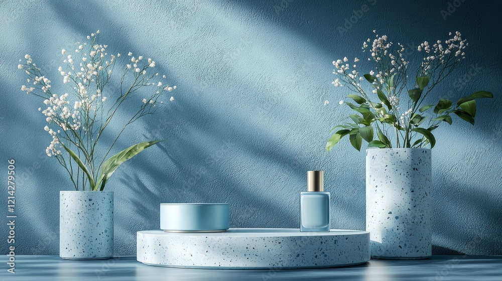 Aufkleber a stylish display features soft blue geometric shapes on a podium, complemented by vases of fresh fl