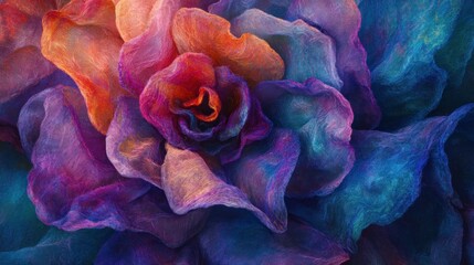 Colorful abstract rose, close-up view, vibrant petals, artistic background, ideal for design