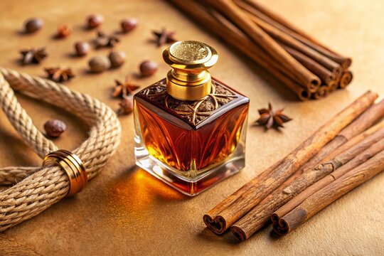 Enchanting Arabic Oud Perfume Bottle & Agarwood Sticks - Beige Background - Drone Aerial View