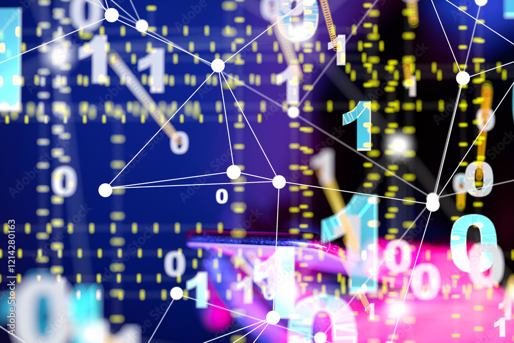 Poster Global network. Blockchain. 3D illustration. Neural networks and artificial intelligence. Abstract