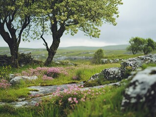 Spring blossoms, rocky landscape, overcast sky, tranquil nature scene; ideal for travel brochures