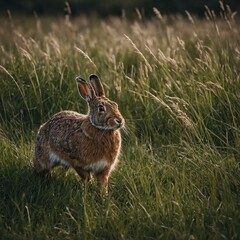 A hare bounding joyfully through a field of tall grass with the wind rustling the blades.