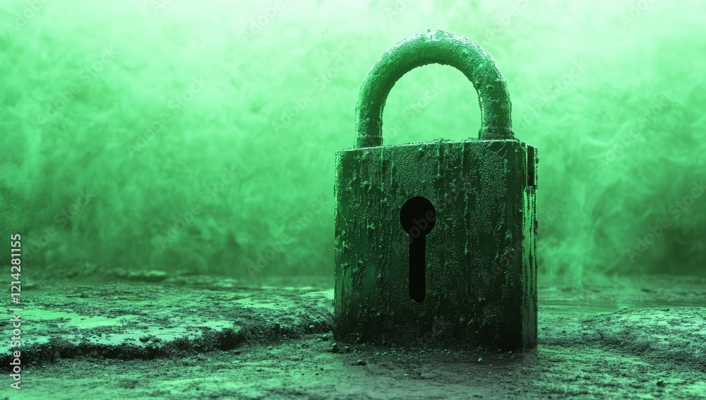 Poster a 3d rendering of a glowing green digital padlock on a networked nodes backdrop, representing concep