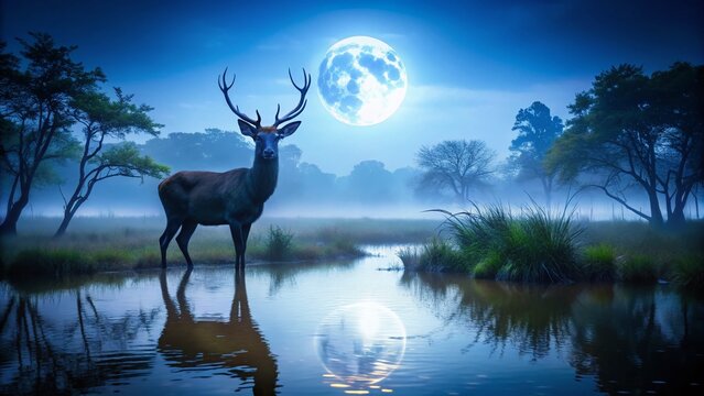 Endangered Barasingha Deer in Nighttime Swamp Habitat