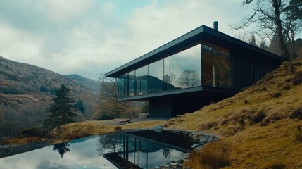 Modern glass house on hillside with reflecting pool.