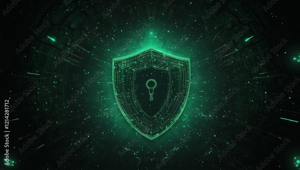 Poster cybersecurity is depicted through a 3d rendering of a digital shield with glowing pixels and wirefra