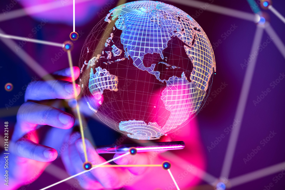 Poster Global network. Blockchain. 3D illustration. Neural networks and artificial intelligence. Abstract
