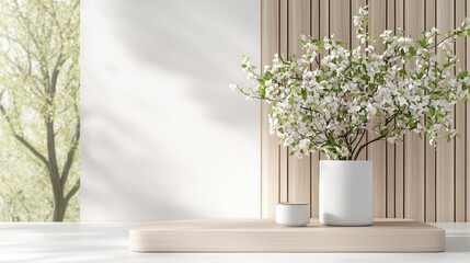 Fototapeta premium Spring blossoms in minimalist room, sunlight, wooden wall, calm scene, interior design