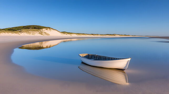 2. A serene beach with a single wooden boat resting on calm waters, surrounded by muted tones of blue and beige in a clean, minimalistic art style 