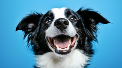 Fototapeta premium Happy Border Collie Dog Portrait Against Blue Background