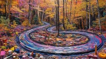 Winding road through vibrant autumn forest, painted style.
