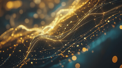 Abstract digital background electromagnetic wave background Innovation digital wave, information technology background and green luxury background with golden line decoration and curve light effect