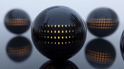 Black Spheres with Golden Grid Pattern and Reflections