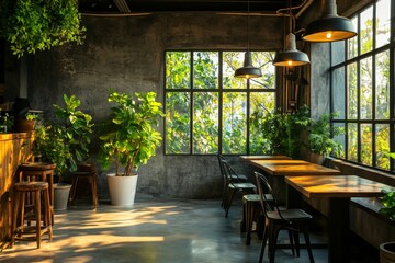 Fototapeta premium An open office design boasts large windows, ergonomic seating, and green plants, resulting in a bright and expansive workspace