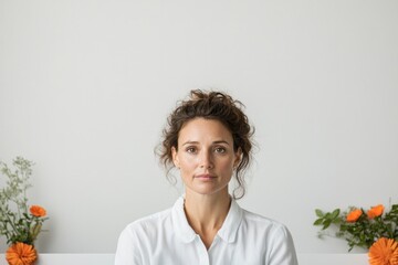 full face view of teacher surrounded by thematic women day designs and vibrant props celebrating knowledge and empowerment
