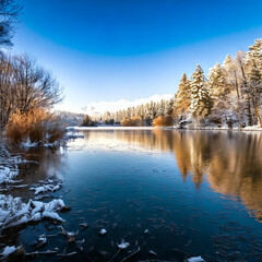 Northern landscape with lake and snow mountain against blue sky, part 2